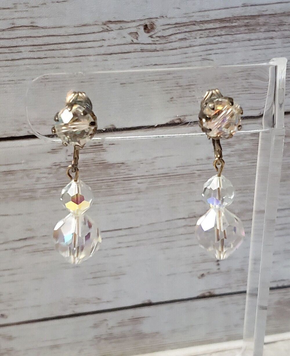 Vintage Clip On Earrings - Clear/Iridescent Gems Dangle